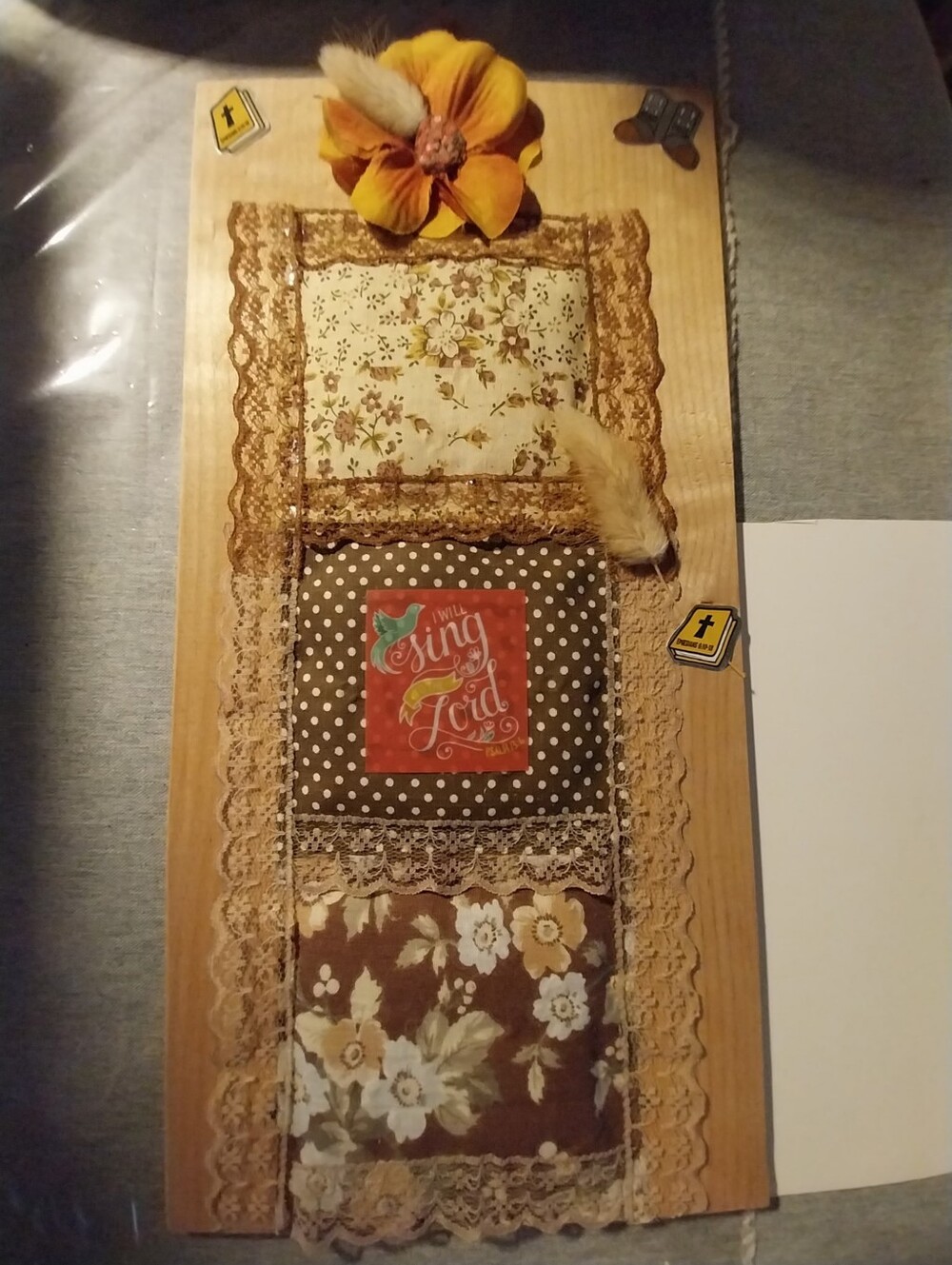 Handmade Rustic Fabric Wall Hanging — Floral Lace Panels in Brown & Cream